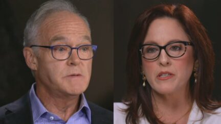 Scott Pelley talks to a member of the Moms For Liberty